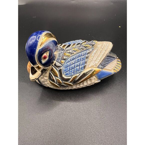 Rinconada Artesania Blue Duck 738 Figurine Bird Cobalt Metallic Gold